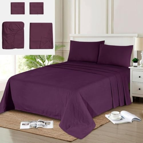 Full Set Flannelette Fitted Sheet + Flat Sheet + 2x Pillowcases 100% Brushed Cotton Soft Warm Cosy 30-32cm Deep Bed Sheet Linen 20 Colours (Purple, Double)