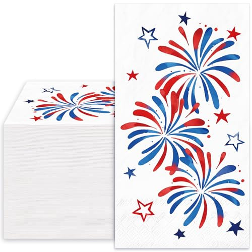 Whaline 50Pcs Patriotic Guest Napkins Disposable Napkins Red Blue Firework Star Dinner Hand Paper Napkin Towel for 250th Anniversary 4th of July Independence Day Party Bathroom Tableware Supplies
