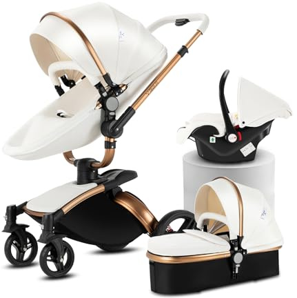 Kombikinderwagen 3-in-1, bidirektional mit Babywanne, verstellbar 105-180°, leicht zusammenklappbar, 4 Räder (HR001-White-T)