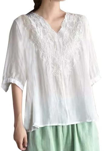Blusas de gasa bohemia vintage para mujer, túnica bohemia, holgada, floral, bordada, 2025, camisa india con volantes para mujeres mayores, ajuste holgado, cuello en V, encaje de lino, estilo bohemio