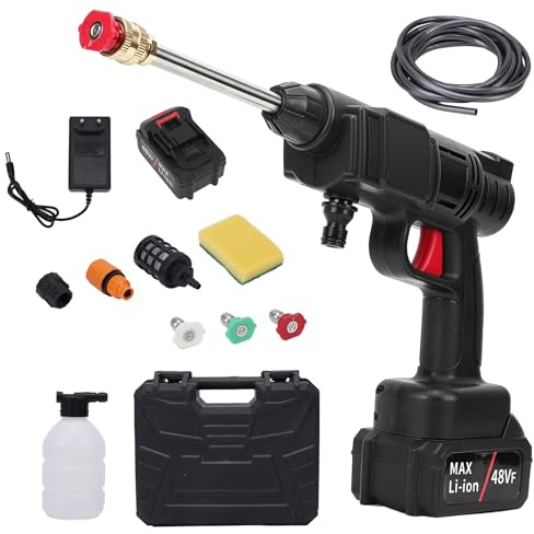 VISLONE Hidrolimpiadora a batería 30 bar con 2 baterías y 3 boquillas | Limpiadora portátil de 350 W con manguera de 4,8 m, toma de agua y accesorios para coche, patio, jardín y paredes