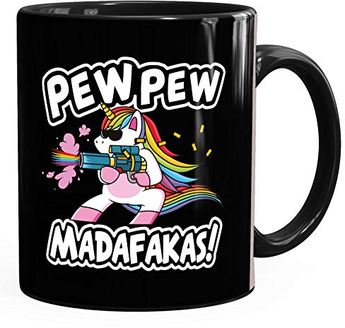MoonWorks® Kaffee-Tasse Pew Pew Madafakas böses Einhorn Regenbogen Unicorn schwarz Keramik-Tasse