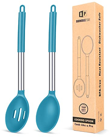 Confezione da 2 grandi cucchiai da cucina in silicone, antiaderenti e resistenti al calore, utensili da cucina per miscelare, servire, drenare, mescolare (blu)
