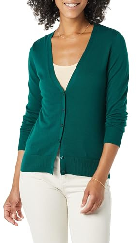 Amazon Essentials Women's Lightweight V-Neck Cardigan Sweater, Dark Green, Small