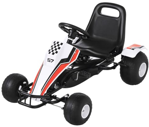 HOMCOM Go Kart a Pedales para Niños +3 Años 104x66x57 cm Blanco y Negro | Coche de Pedales Infantil, Asiento Ajustable, Freno de Mano