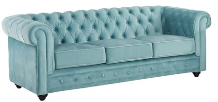 Vente-unique - Divano fisso 3 posti Chesterfield - velluto - azzurro cielo