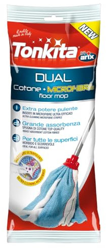 TONKITA | Mop Dual Ricambio, Mop Lavapavimenti in Cotone e Microfibra, Extra Potere Pulente e Super Assorbente, Adatto a Tutte le Superfici, Manico Non Incluso - Made In italy
