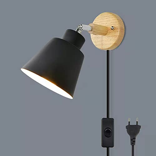 LZGS Go Swing Bands Vägglampa med strömbrytare vägglampa Macaron retro modern modern trä svängbar vägglampa E27 sovrum vardagsrum ljus (svart 2)