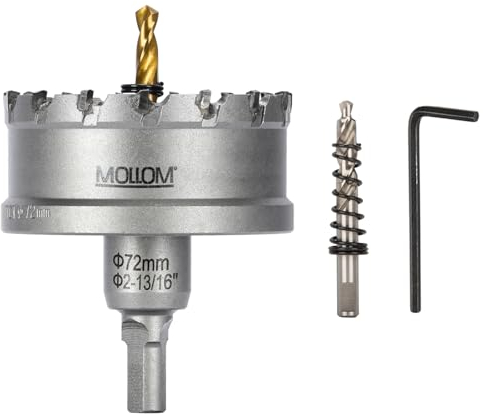 Mollom (72mm | 2-13/16'') Lochsäge T.C.T Schwerlast-Hartmetall-bestückt mit 2 Führungsbohrern für Edelstahl, Baustahl, Eisen, Kupfer, Messing, Kunststoff
