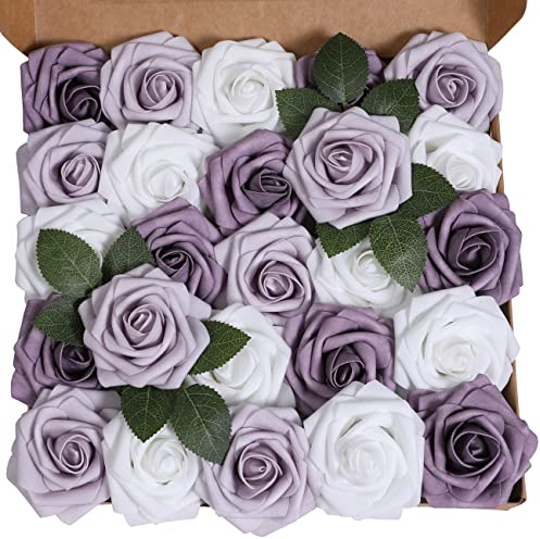 Ruiuzioong Künstliche 25 Stück Rosen Blumen Schaumrosen Foamrosen Kunstblumen Rosenköpfe Gefälschte Kunstrose Rose für Hochzeit Blumensträuße Braut Zuhause Dekoration (Farbverlauf lila, 25 Stück)