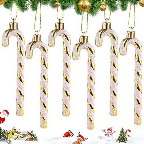 MELLIEX 6 stycken julgranshängen, 14 cm plast polkagrisar julgransprydnad, glittrande hänge, juldekoration för jul, presenter, gör-det-själv pyssel, presentförpackning (guld)
