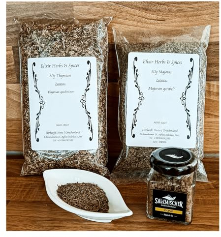Kulinariskt presentset kryddset 80 g timjan, 50 g majoran, 35 g olivolsalt elixir örter och kryddor och saltmixer #91