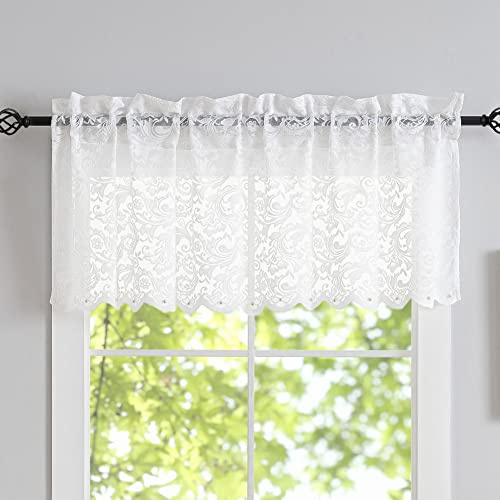 Mantovana da cucina in pizzo per finestre, con perle, lunghezza 46 cm, stile vintage con motivo floreale, per soggiorno, camera da letto, bagno, camper e armadio, stile bohémien, singola, bianco