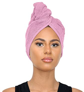 Sapphire Collection Serviettes de séchage pour cheveux – 100 % pur coton éponge doux avec boucle et bouton pour cheveux longs (rose)