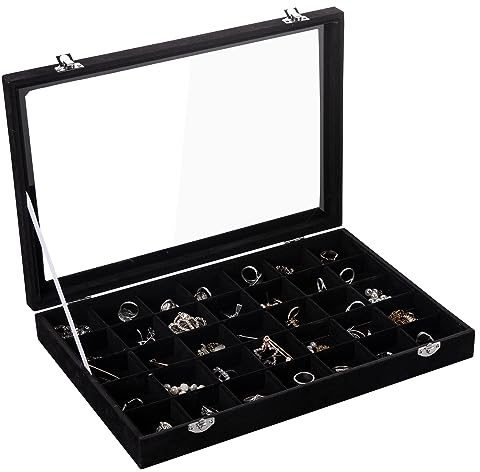 Frebeauty Velvet plateau de bijoux 35 compartiments boîte de rangement bijoux avec couvercle boucles d'oreilles boîte de rangement tiroir insert anneau cadeau pour les femmes (Beige 35 compartiments)