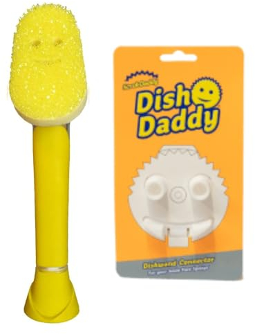 Scrub Daddy Dish Daddy - Spazzola per piatti e testina con connettore, spugna per lavare i piatti con manico liquido, spugna per piatti con raschietto integrato, testina e supporto, colore: giallo