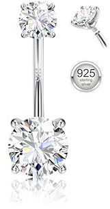 FIASASO 14G Sterling Silver Belly Button Rings for Women Round Cubic Zirconia Navel Barbell Stud Hypoallergenic Body Piercing Jewelry Silver 12mm