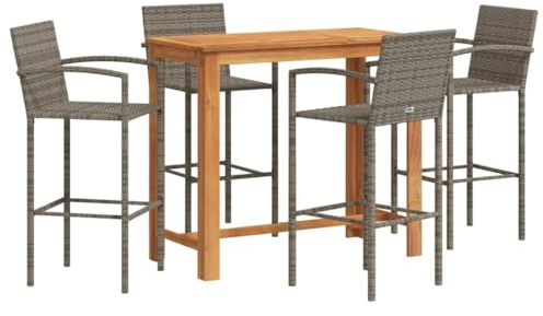 vidaXL Mesa y taburetes de jardín 5 pzas Madera Acacia ratán PE Gris, Mesa y taburetes Altos de jardín, Set de Bar de Exterior, Muebles de Bar de Exterior