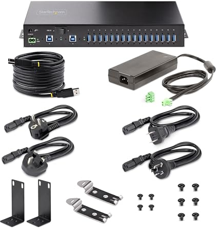 StarTech.com 16-Port Industrial USB 5Gbps Hub with Power Adapter, Metal, DIN/Surface/Rack Mountable, Dual-Host Hub/Switch