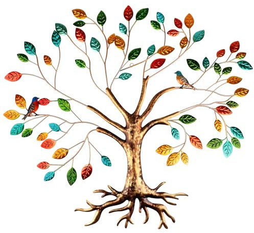 Fangoo Metall Baum des Lebens Wanddekoration Großer Baum des Lebens Wanddeko Metall Ausgestattet mit Bunten Blättern und Kolibris für Wohnzimmer Schlafzimmer und Gärten(55x66CM)