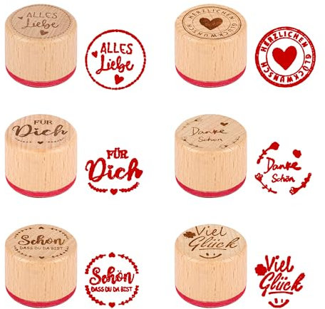 6er-Set Holzstempel – Rundes Stempelset mit deutschen Sprüchen für Basteln, Karten, Scrapbooking & Bullet Journal – Schön dass du da bist, Viel Glück, Alles Liebe