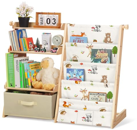Libreria per Bambini con 4 Ripiani e 3 Scomparti Aperti, Scaffale Giochi Bambini con Scatole e 3 Tasche, Scaffale Portagiochi per Camerette, Librerie Montessoriana per Bambino e Bambina (Animali)