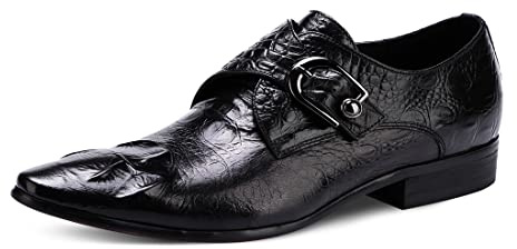 Mocassins Formels Affaires pour Hommes Chaussures Monk Gaufré en Cuir Véritable à Bout Pointu Chaussures à Enfiler Habillées Boucles,Noir,46