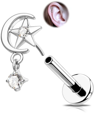 OUFER Piercing 18G Oro Helix Stella Pendenti Titanio Piercing Orecchio Trago Trasparente CZ Conch Orecchino Cartilagine Naso 6 mm Senza Filettatura Gioielli per Donna Orecchio Sinistro