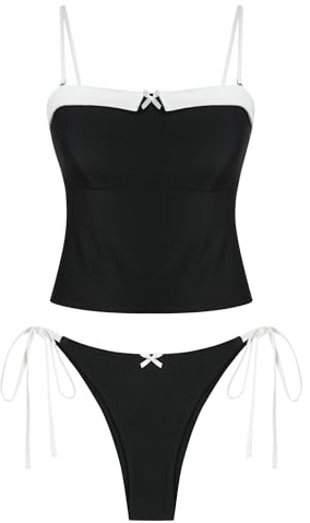 ZAFUL Tankini Swimsuits for Women Colorblock Bandeau Tankini Top with Bottom Tie Side Two Piece Bikini Sets 0-Black M