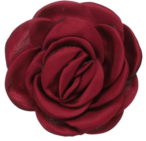 QUARKZMAN Broche De Flor De Rosa De 3.1 Pulgadas Hecho A Mano En Tela De Satén Elegante Pin De Solapa O Pin Para El Cabello Para Mujeres Para Bodas Fiestas Banquetes Vestidos Vino Tinto