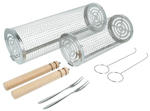 vhbw 2X Cestello Rotante Set Grande e Piccolo per Barbecue - Acciaio Inox, Legno, con Manico in Legno Rimovibile