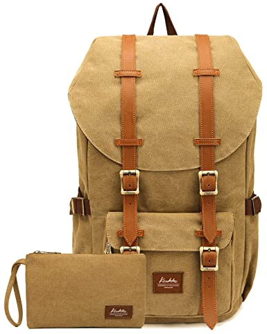 KAUKKO Vintage Canvas Rucksack Damen Herren Baumwolle Daypack für 15 Notebook mit Mäppchen für Schule, Uni, Reisen, Wandern, 22L, Khaki