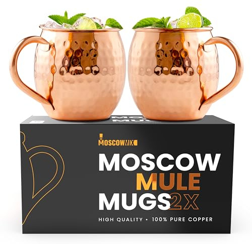 Moscow-Mix Moscow Mule Mugs - Set of 2-100% Pure Copper Mugs 16 OZ Large - Handcrafted Hammered Moscow Mule Cups Set - Premium Solid Pure Copper Cups Gift