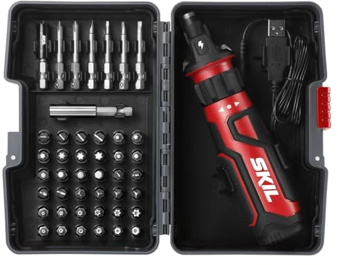SKIL Rechargeable 4V Cordless Screwdriver with Circuit Sensor Technology Includes 45pcs Bit Set, USB Charging Cable, Carrying Case - SD561204