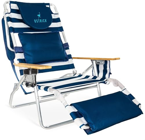 Ostrich the Deluxe 3N1 Lightweight Lawn Beach Reclining Lounge Chair with Footrest, Outdoor Furniture for Patio, Balcony, Backyard, or Porch, Blue Stripe