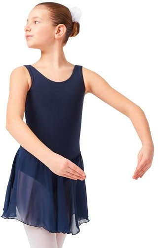 tanzmuster ® Ballettkleid Mädchen ärmellos - Minnie - aus weichem Baumwollstoff mit Chiffonröckchen Ballett Trikot Ballettanzug in marineblau, Größe:128/134
