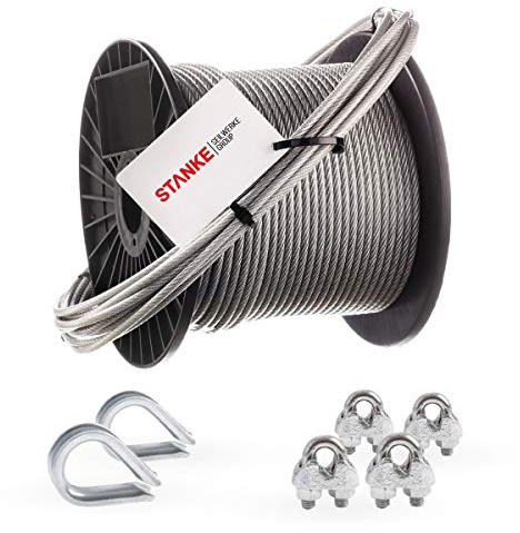 Seilwerk STANKE Câble d’acier inox gainé (PVC), 25m, acier V4A, 4mm 7x7, 2x Cosse-cœur V4A, 4x Serre-câble à étrier V4A, Suspension Kit - SET 1
