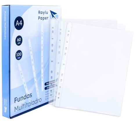 Raylu Paper® - Fundas multitaladro de polipropileno 100% reciclable, fundas para documentos de gran apertura, lomo reforzado. 100 unidades. (Piel de naranja, A4 - 60 micras)