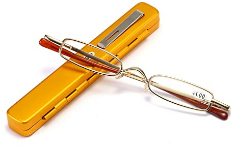 KoKoBin Mini Lunettes de Lecture en Métal,Lunettes pour Lire à Charnière à Ressort Petites et Portables,Etui Lunettes Mince en Aluminium Homme et Femme(or,+1.5)