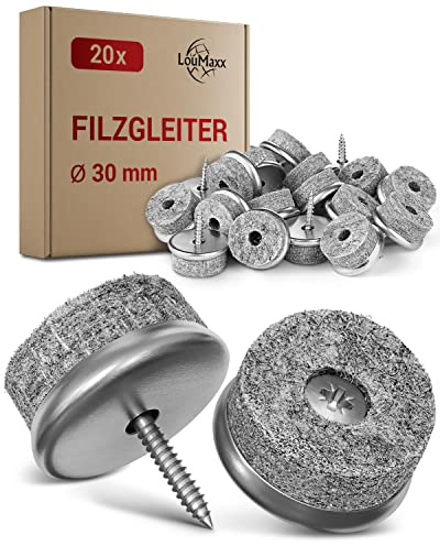 LouMaxx patines de fieltro para atornillar redondos para sillas y muebles, Ø 30mm gris - patines para sillas con fieltro de 6mm de grosor y ribete metálico - protectores de suelo premium 20 uds