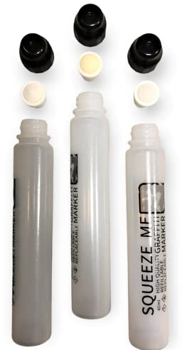 Squeeze Me Empty Graffiti Marker 3 Stück - leer, nachfüllbar, Squeezer aus transparentem Kunststoff für Aquarell Öl Acrylfarbe - Dripper mit weichem Quetschkörper für Schule und Freizeit