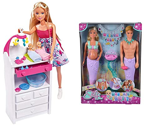 Simba 105733524 Steffi Love Mermaid Family, doll as pregnant mermaid with Kevin as a merman, with baby bed, 29 cm dress-up dolls, toy dolls, for children from 3 years & Steffi Love Welcome Twins