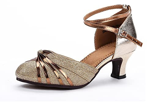 Chaussures de Danse pour Femmes à Talons Hauts Semelles en Caoutchouc Adaptées à la Danse Intérieure ou Extérieure Latin Tango Valse Salsa(Or-5.5CM.EU 38)