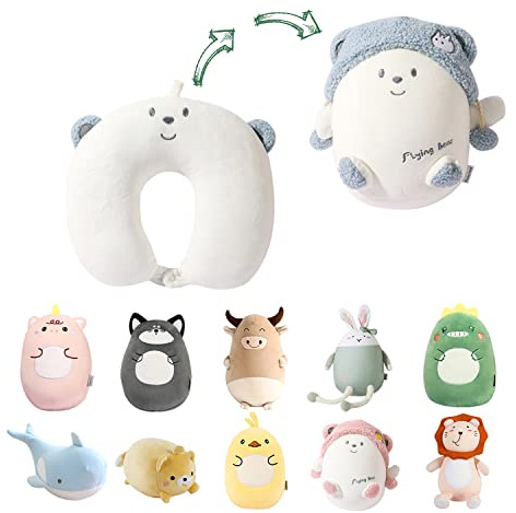 JOYRAVO Almohada de Viaje 2-en-1 para Niños - Peluche de Dinosaurio Convertible en Almohada Cervical en Forma de U para un Confort Óptimo Durante los Viajes (avión, Auto, Tren, autobús) - Oso Azul