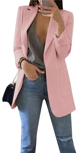 BOFETA Solid Long Blazer for Ladies Long Sleeve Pockets Blazer Jacket Cardigan Pk XL Pink