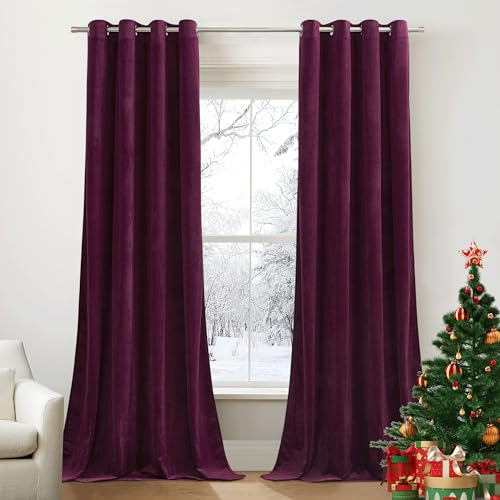 PONY DANCE Samtvorhänge Rot Ösenschal Blickdicht 2er Set H 260 x B 132 cm Velvet Curtains Thermo Vorhänge gegen Kälte Samt Gardinen Wohnzimmer Extra Lange Gardinen und Vorhänge, Rotwein