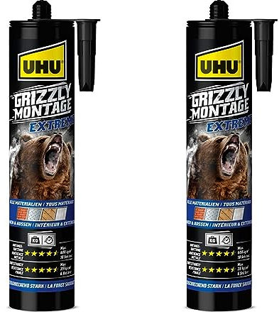 UHU Grizzly Power extrème - Colle de fixation et montage ultra rapide, ultra forte, prise initiale très élevée, sans solvants, blanche, cartouche 435g (Lot de 2)