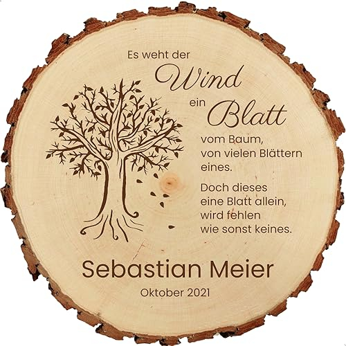 Baumscheibe 23cm mit Gravur (Namen Datum) personalisierte Holz-Gedenkplatte Grabschmuck Trauer-Gedenktafel Andenken an Verstorbene Grab-Dekoration, Blatt MotivTR8