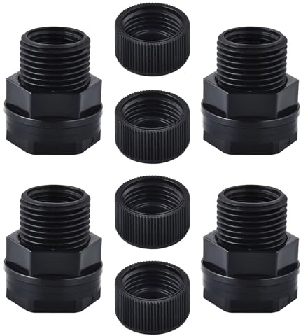 AIRLUNCH PVC Bulkhead Fitting with Plug Double Threaded Bulkhead Water Tank Connector for Rain Barrels, Aquariums, Water Tanks, Tubs, Pools, Spigot, Black, 3/4 Inch Male 1/2 Inch Female (4 PCS)…