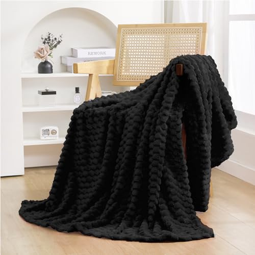 Puncuntex Svart filt 127 cm x 152 cm luddig 3D Jacquard dekorativ flanell fleece supermjuk plysch mysig filt för soffa stol lätt